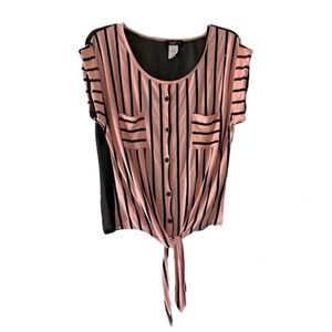 Love J | Pink Black Striped Tie Front Cap Sleeve Crop Top, Large